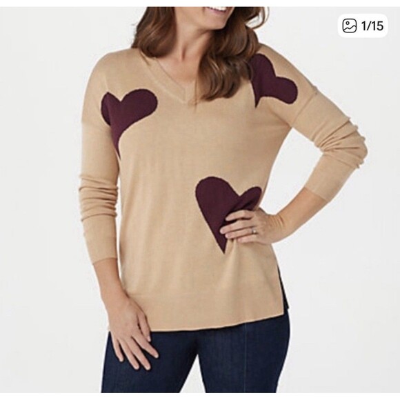 Laurie Felt V Neck Sweater Womens XL Tan Heart Print Cashmere Blend Preppy - Picture 3 of 11